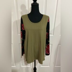 LuLaRoe L Olive Green Lynnae Top with Floral Sleeves